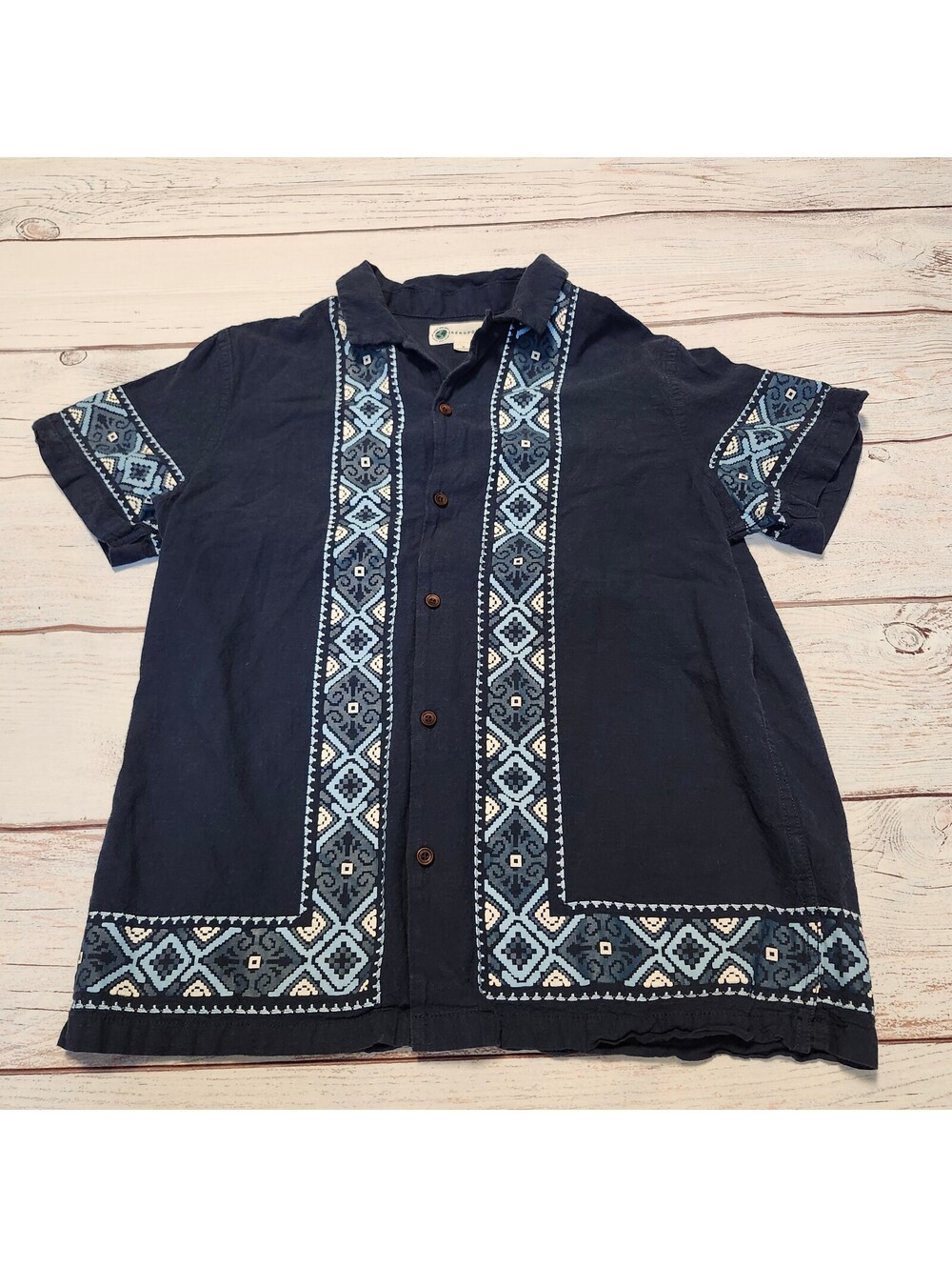 Aeropostale Men's Medium Navy Blue Button-Up Shirt with Blue Patterned Trim